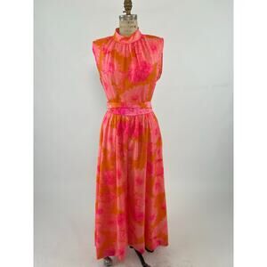 VTG 70s Boho Retro Regency Pink Orange Floral Chiffon Maxi Jumpsuit CostumeParty